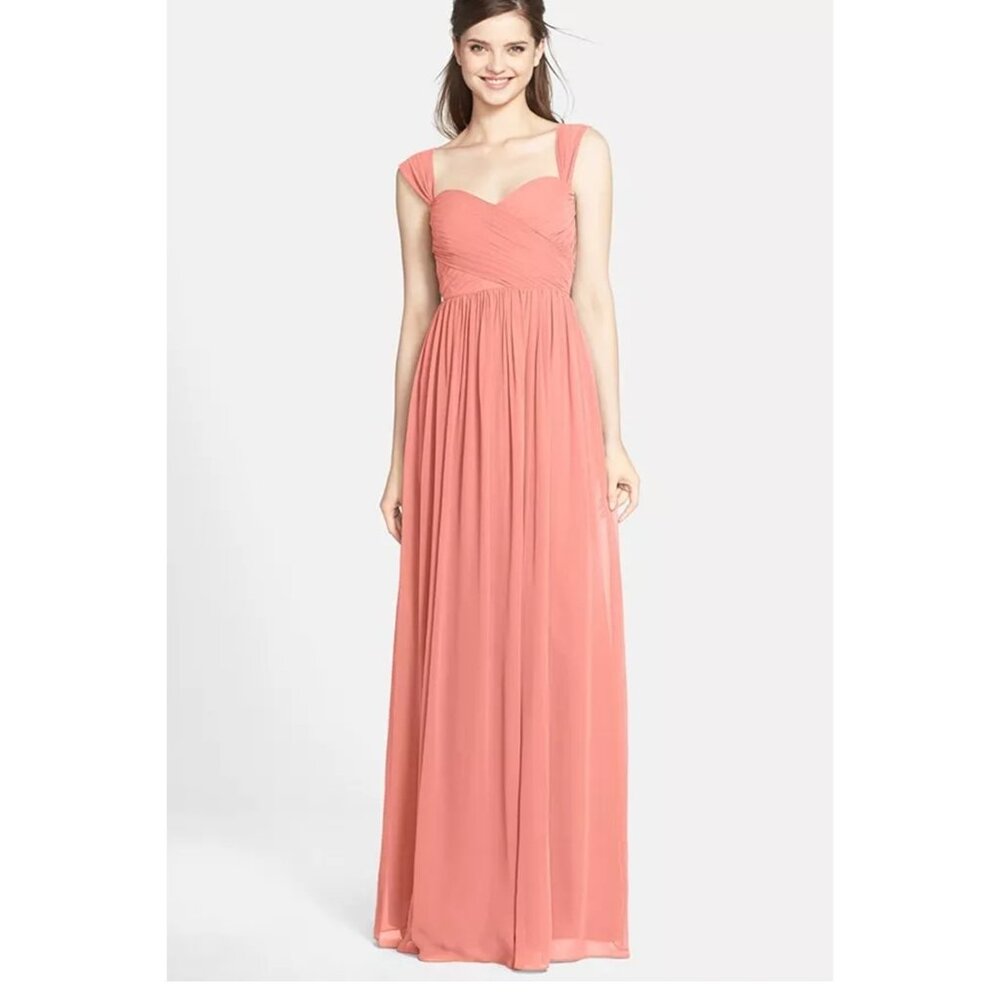 $300 JENNY YOO Leah Convertible Chiffon Gown Bridesmaid Wedding CORAL DUNE 6